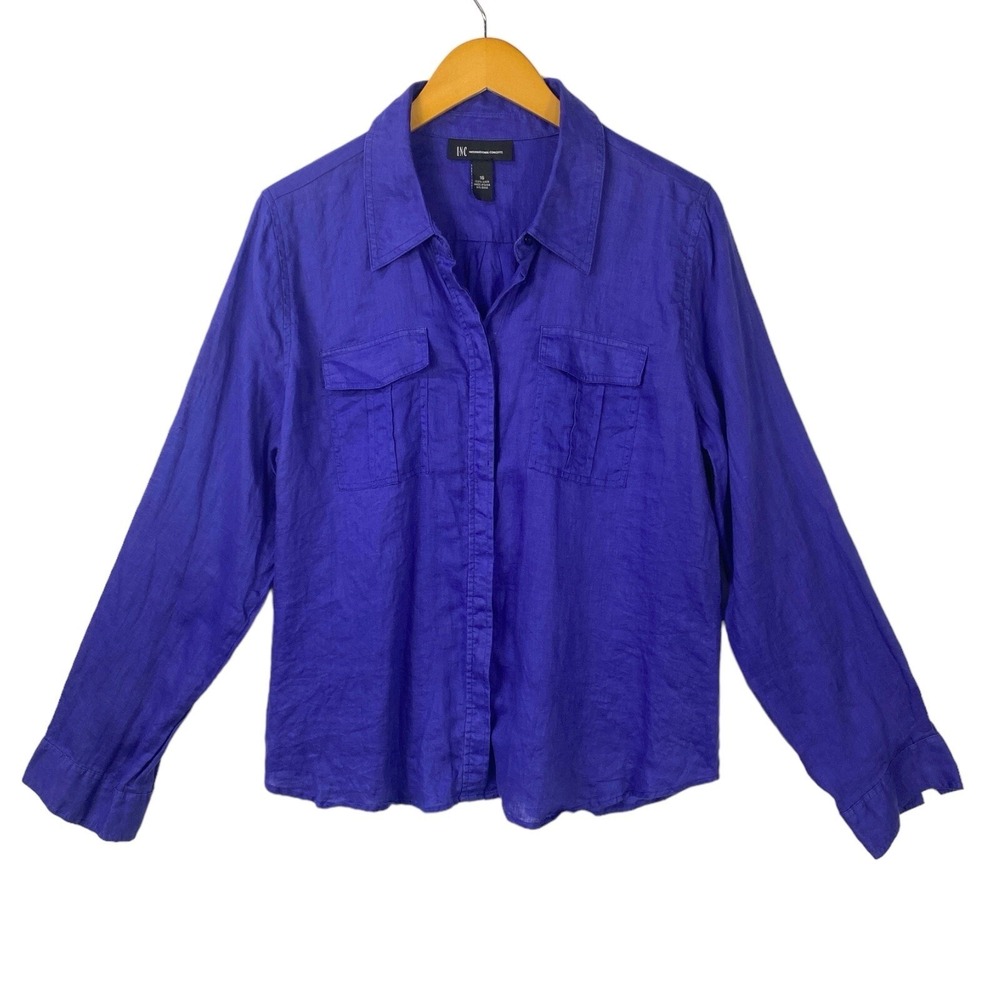 INC Shirt Womens 16 Purple‎ Linen Button Up Long Sleeve Utility Casual Top